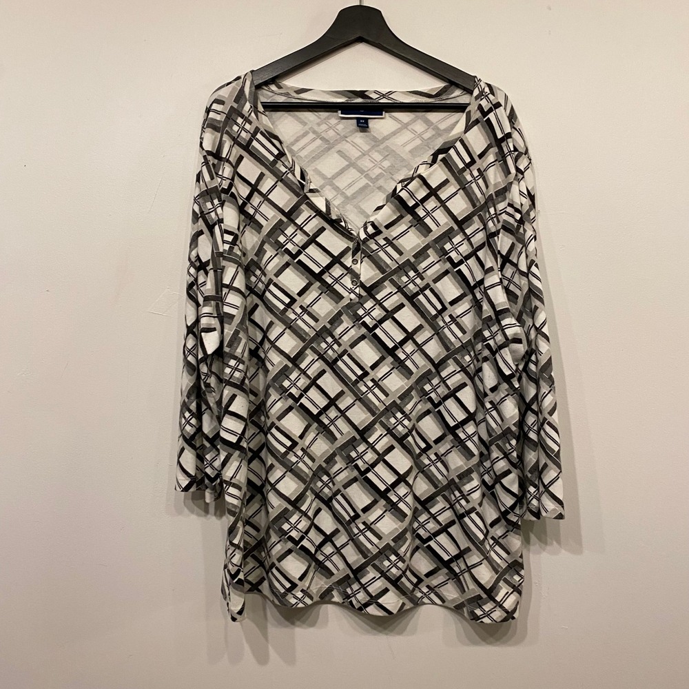 Karen Scott Womens 3X Black White Grey Plaid Henley Top 3/4 Sleeve Blouse
